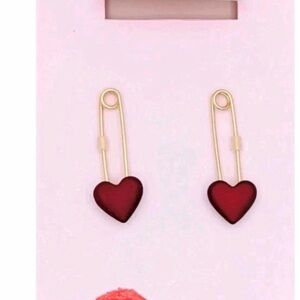 Betsey Johnson Dark Red Heart Safety Pin Drop Earrings
